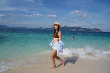 woman on the beach in krabi thailand, poda island, model shooting