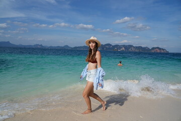 woman on the beach in krabi thailand, poda island, model shooting