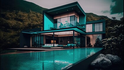 Exterior of Mansion house with Luxury Pool and Beautiful Landscaping. Generative ai illustration
