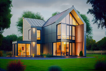 Fototapeta na wymiar Exterior image of a new luxurious modern house, eco friendly living concept house. Green energy house/home, innovative solar panels. Real estate and ecology concept. Generative AI technology