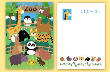 Group of wild animals Cute animal set with farm and wild character postcard