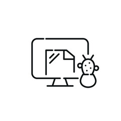 Desktop monitor with file open on it and cactus plant in a pot. Pixel perfect, editable stroke icon