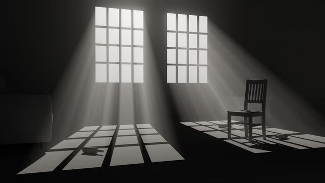 A lonely chair stands in the middle of a dark room, empty bottles are lying on the floor and rays of bright light illuminate the room, 3d animation