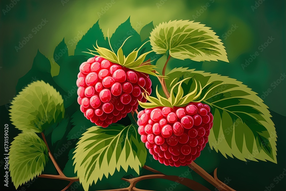 Poster two raspberries in the focus of a selective focus image on the bush. generative ai
