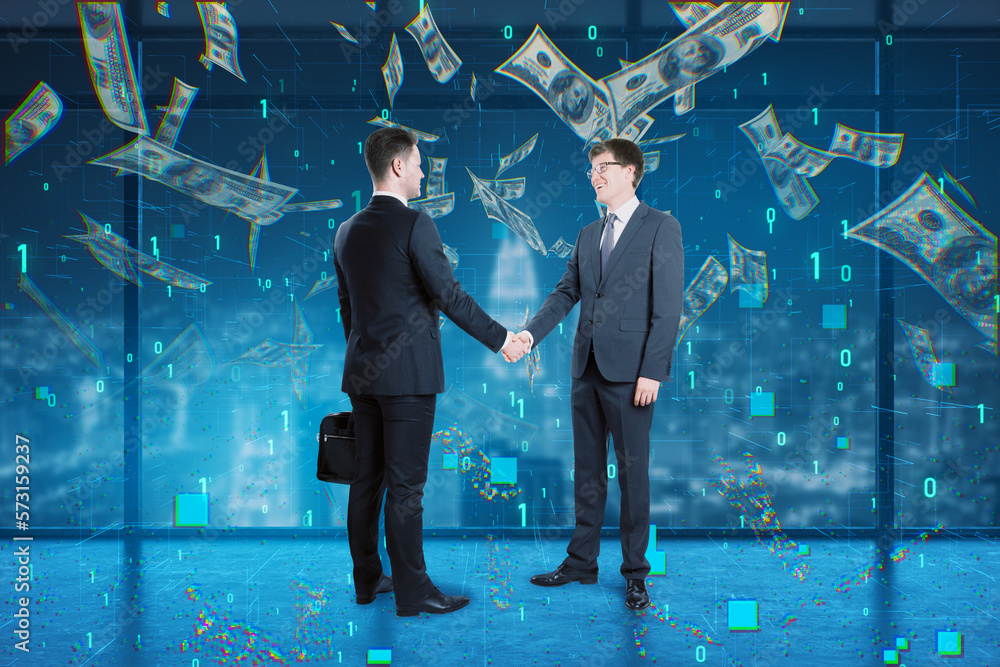 Poster Attractive european businessmen shaking hands in interior with digital dollar bill on blurry tech background with binary coding. Business, teamwork and finance concept.