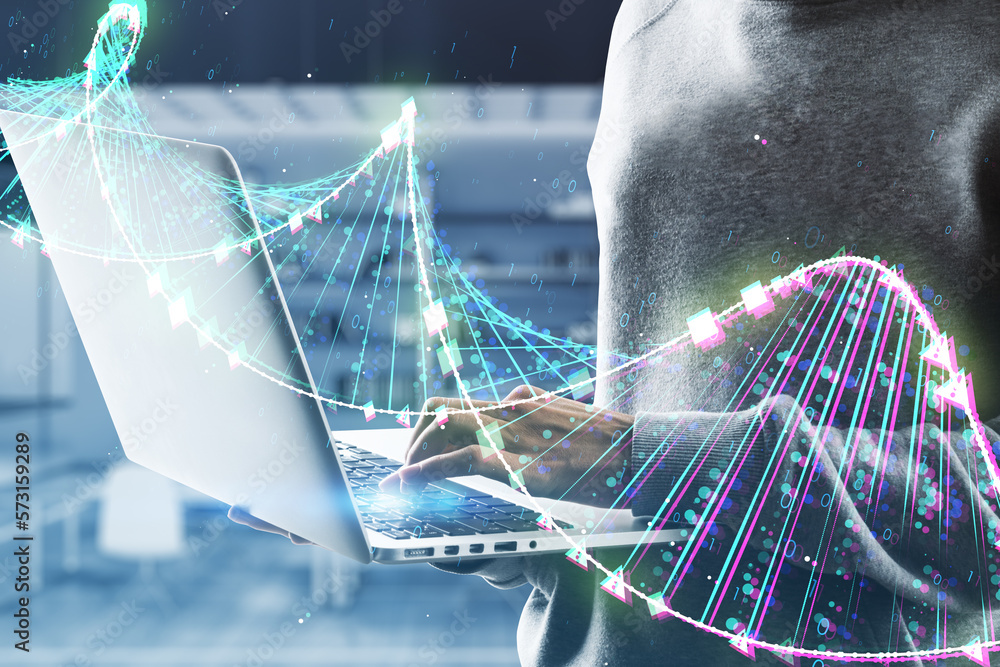 Aufkleber Close up of hacker using laptop with glowing binary code DNA helix on blurry office interior background. Human genome, hacking, phishing and innovative technologies concept. Double exposure.