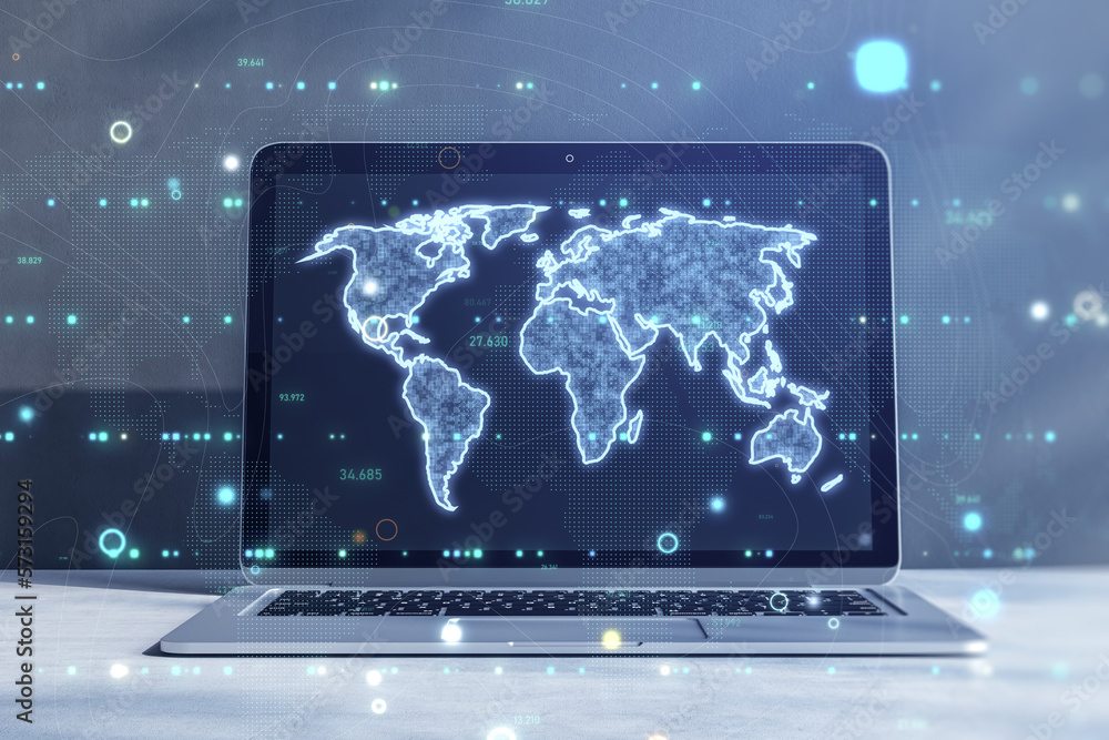 Aufkleber close up of laptop computer on desktop with glowing map hologram on blurry tech background. global w