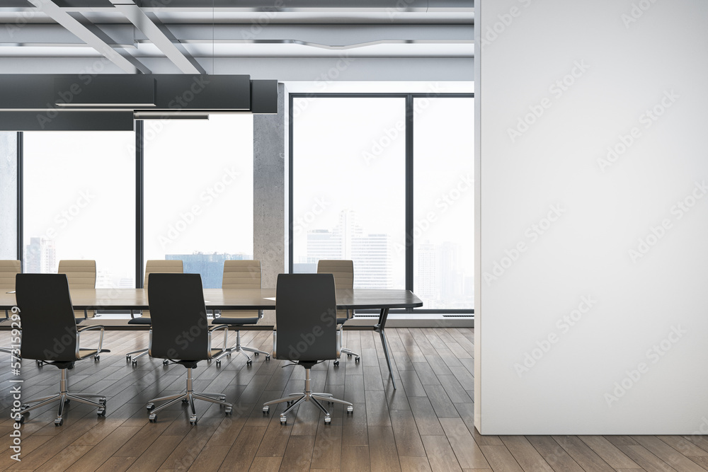 Poster front view on blank light wall partition with place for advertising poster in stylish modern confere