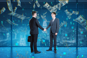 Attractive european businessmen shaking hands in interior with digital dollar bill on blurry tech background with binary coding. Business, teamwork and finance concept.