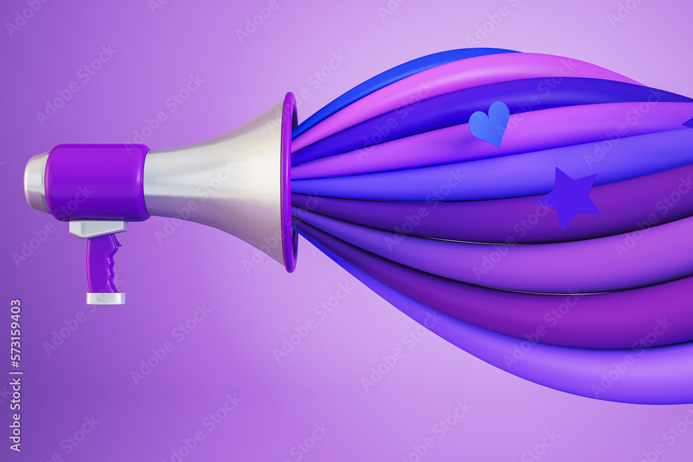 Poster Creative loudspeaker with colorful sound wave on purple backdrop. Voting and fighting for your rights concept. 3D Rendering.