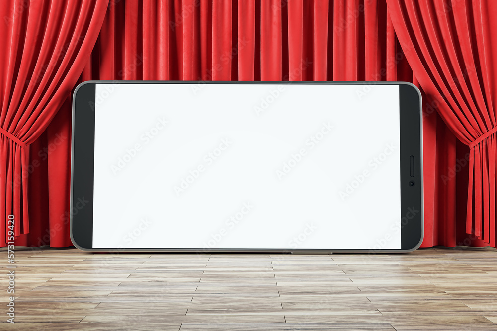 Poster Front view on huge smartphone blank white screen with place for your web design or landing web page on wooden floor and on red backstage curtain background, online movie. 3D rendering, mockup
