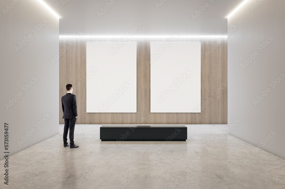 Poster back view on businessman looking at two blank white posters with space for your logo or text on ligh