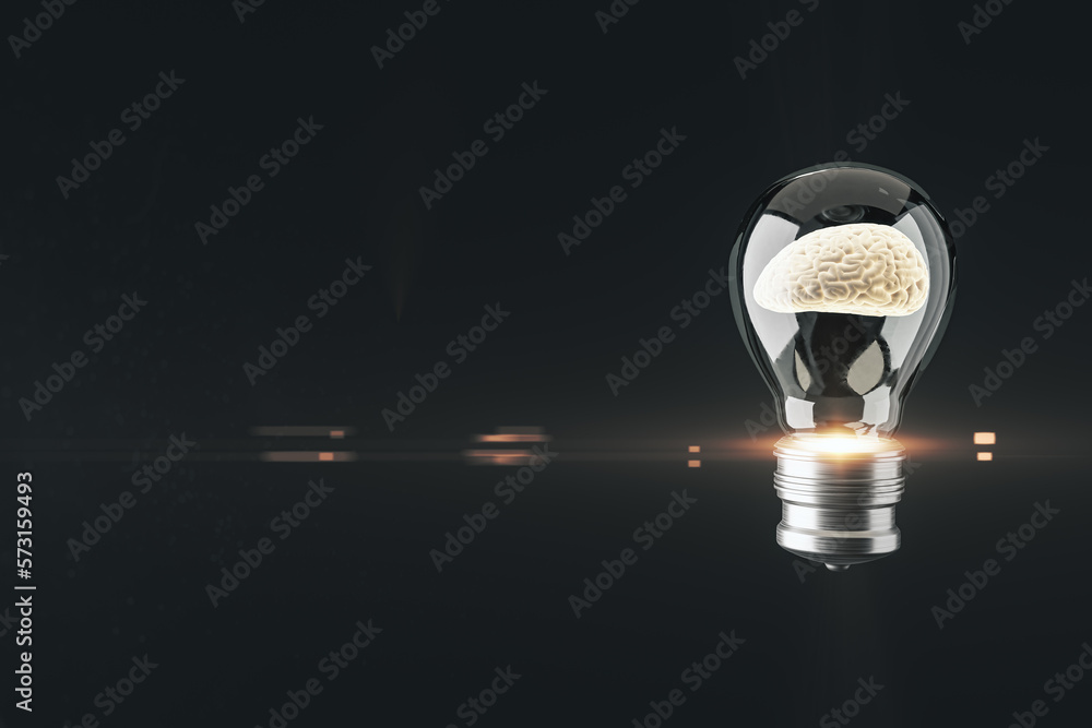 Poster Abstract glass lamp with brain inside on black background with mock up place. Inventor concept. 3D Rendering.