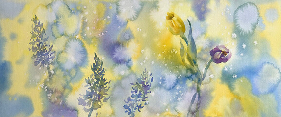 Obraz na płótnie Canvas Blue and yellow spring flowers watercolor background