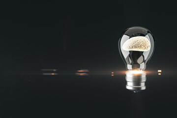 Abstract glass lamp with brain inside on black background with mock up place. Inventor concept. 3D Rendering.