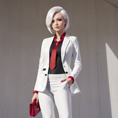 girl, blonde, posing in an elegant pantsuit, red, white, black style, anime fantasy, generated in AI