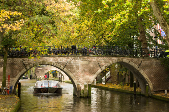 A canal boat on the Singel canal of Utrecht, the Netherlands.