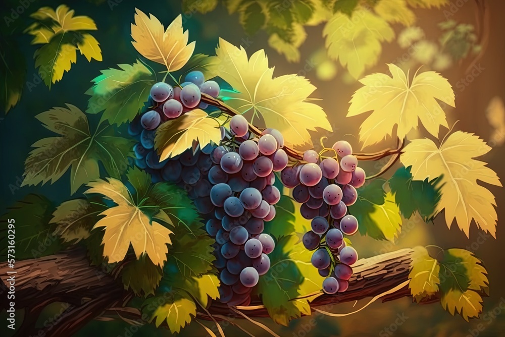Poster midday selective focus image of grapes on the vine generative ai