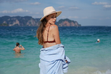 woman on the beach in krabi thailand, poda island, model shooting