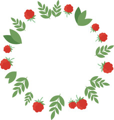 Round frame of raspberries and green leaves in flat