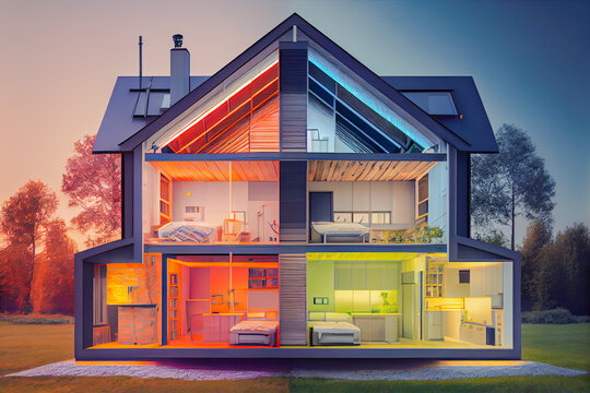 Exterior image of a new luxurious modern house, eco friendly living concept house. Green energy house/home, innovative solar panels. Real estate and ecology concept. Generative AI technology