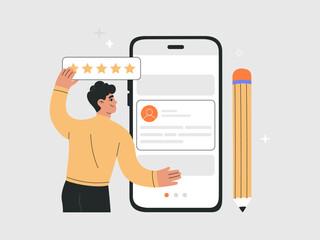 Man with five yellow stars giving feedback review in mobile app. Customer satisfaction rating, consumer online survey. Hand drawn vector illustration isolated on light background, flat cartoon style