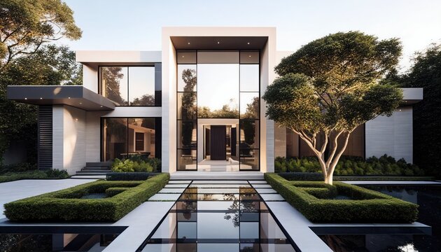 Luxury Beverly Hills Mansion house with Stunning Pool and Garden View. Modern Minimalist Design. Generative ai illustration