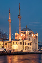 Ortakoy Mosque. View of the mosque standing on the banks of the Bosphorus.