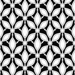 Seamless Aesthetic Pattern with Abstract Crystals. Endless Modern Mosaic Texture on Black. Futuristic Floral Concept. Vector Contour Illustration. Coloring Book Page