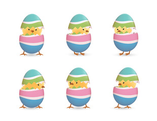 Chicks in broken Easter eggs with stripes set
