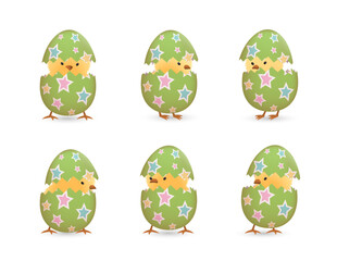 Chicks in broken Easter eggs with stars set