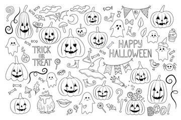 Big Collection of Halloween Elements. Pumpkins, Zombie and Ghosts, Spiders and Bats, Witchcraft and a Lot of Deco Elements.  Coloring Book Page. Vector Illustration