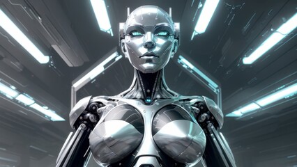 Fototapeta na wymiar Futuristic humanoid robot with sleek design showcased in a metallic blue and silver color scheme | generative AI