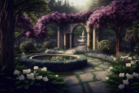 Generative AI Of A Beautiful Fantasy Garden With Flowers And Plants.