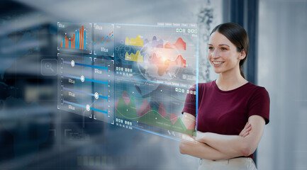 Young business woman with showing growth planning, Business stock market strategy graphs and target of business plan and visions concept. 