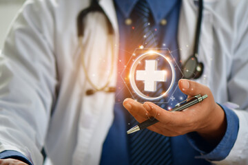 Doctor  hand holding virtual medical health care icons with medical network connection. People...
