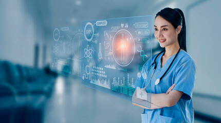 Medicine doctor touching on digital tablet and hologram modern virtual screen interface icons, Medical technology and futuristic concept.