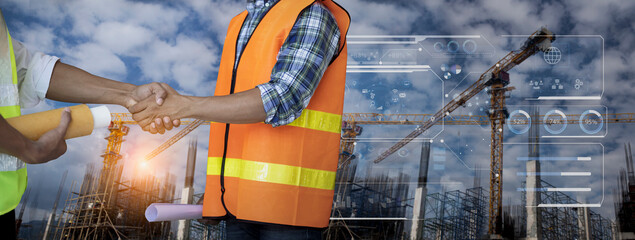 Future building construction engineering and technology project concept. double exposure graphic with engineer using digital tablet and smart industry and IOT software to control operation.