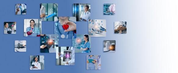 Medicine doctor, Photo set of doctor, healthcare and medicine concept, Medical futuristic technology banner.