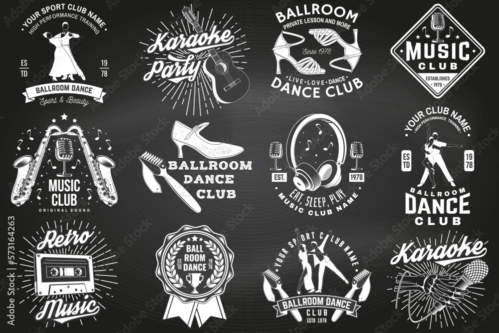 Wall mural ballroom dance sport club and retro music logos, badges design on chalkboard. dance sport and retro 