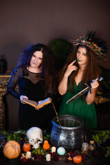 Two witches with a book and a dagger pose standing at a table with a cauldron, skull, pumpkins and...