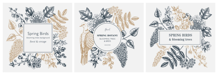 Blooming branches hand drawn frame templates. Floral wreath designs with birds and spring trees in flowers. Cherry, almond, willow, rowan, currant, Japanese quince, lilac sketches for cards or prints © sketched-graphics