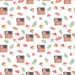 Watercolor seamless pattern with house, green and brown branches, fly agaric and acorns 