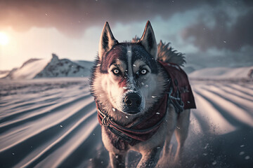 Malamute in dog sled. Generative ai.