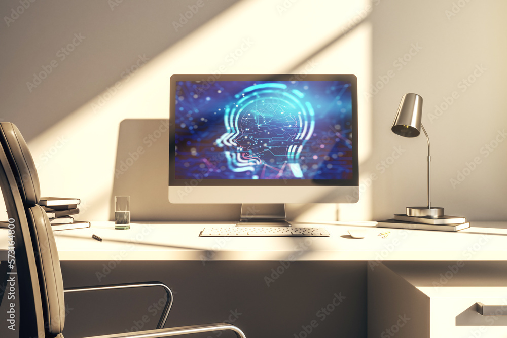 Aufkleber creative artificial intelligence concept with human head sketch on modern computer monitor. 3d rende