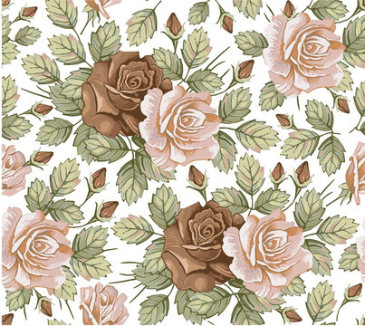 Seamless pattern. Roses wildflowers. Beautiful blooming realistic isolated flowers Vintage background fabric Wallpaper baroque. Drawing engraving sketch Vector victorian illustration