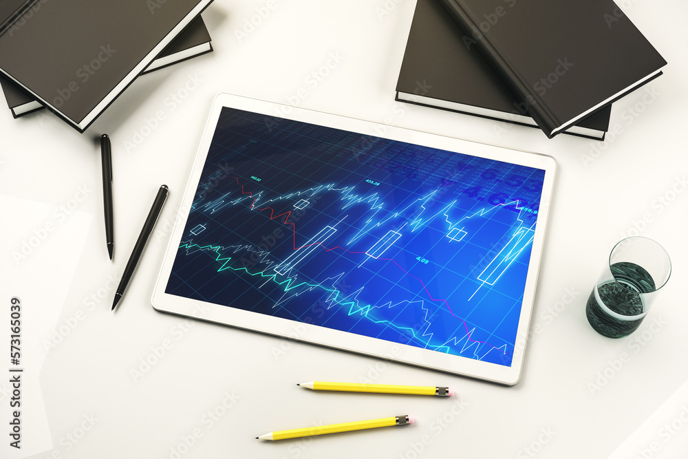Poster digital tablet with abstract financial graph, finance and trading concept. top view. 3d rendering