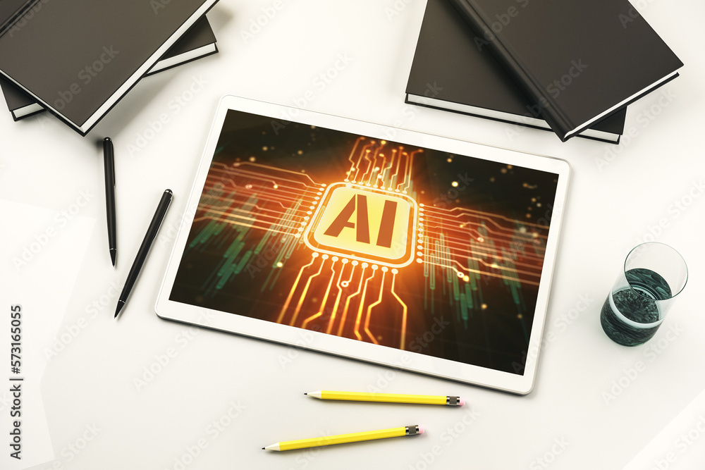 Leinwandbilder creative artificial intelligence symbol concept on modern digital tablet screen. top view. 3d render
