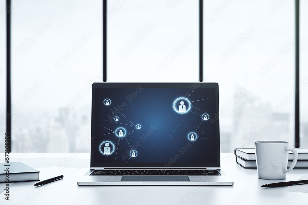 Poster modern computer monitor with social network icons concept. marketing and promotion concept. 3d rende
