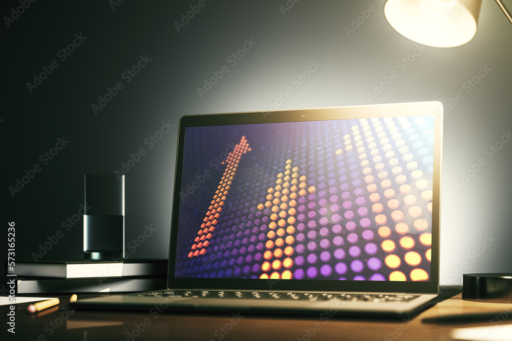 Poster modern computer monitor with creative abstract upward arrows hologram. ambition and challenge concep